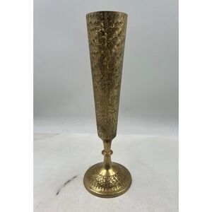 Vintage Brass Bud Vase Etched Floral Trumpet Pedestal Base India